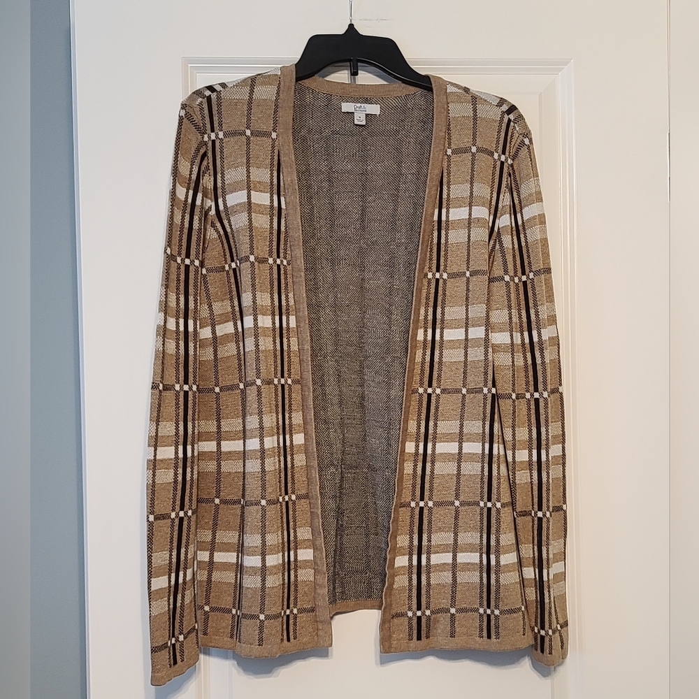 Women's Sz M Croft & Barrow Open Front Cardigan, Brown/Black/White Plaid, EC